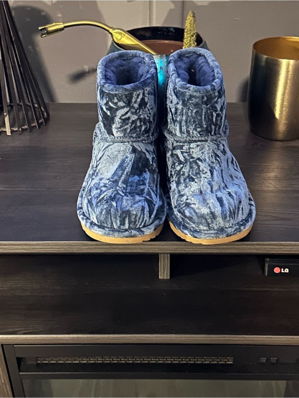 UGG Kids Navy Plush Booties with Tan Soles